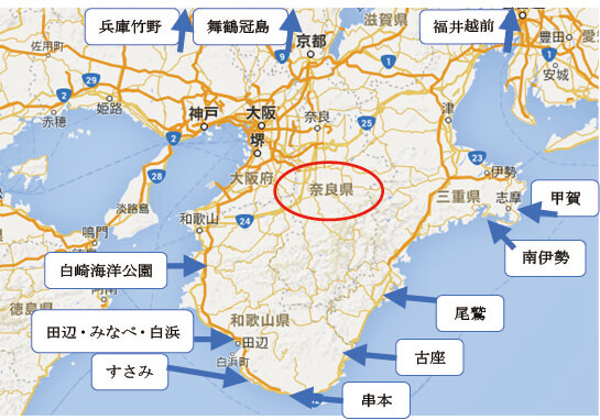 奈良県周辺のダイビングポイントマップ